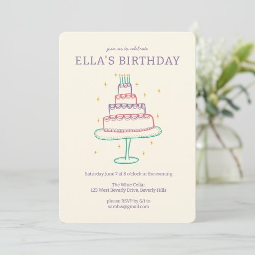 Whimsical Birthday Cake Cute Custom Colorful Party Invitation