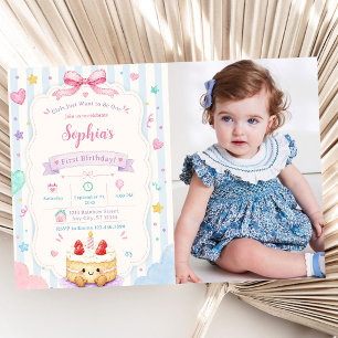 Whimsical Birthday Cake Cute Custom Colorful Photo Invitation