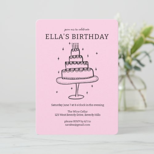 Whimsical Birthday Cake Doodle Cute Custom  Party Invitation