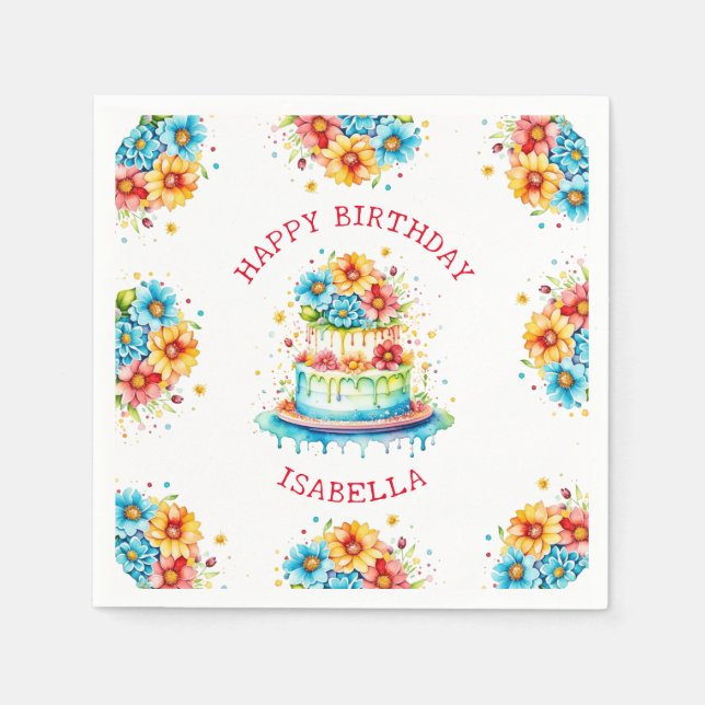 Whimsical Birthday Cake Illustration Personalized  Napkins (Front)