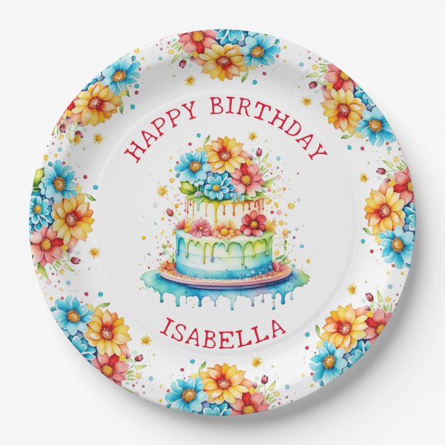 Whimsical Birthday Cake Illustration Personalized  Paper Plates (Front)
