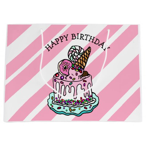 Whimsical Birthday Cake with Ice Cream Cone Pink Large Gift Bag