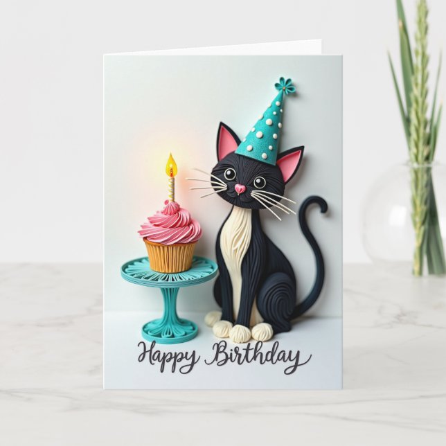 Whimsical Birthday Cat Cupcake Card (Front)