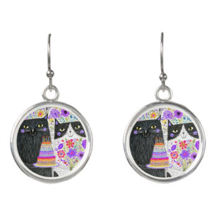 Whimsical Birthday Cats Floral Bouquet Earrings