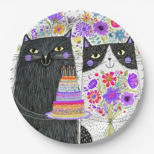 Whimsical Birthday Cats Floral Bouquet Paper Plates