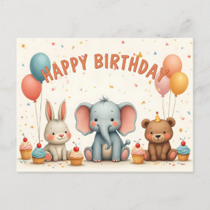 Whimsical Birthday Friends Gather Here Holiday Postcard
