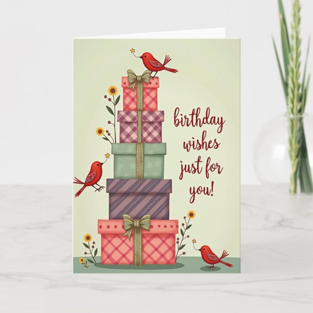 Whimsical Birthday Gift Stack Card (Front)