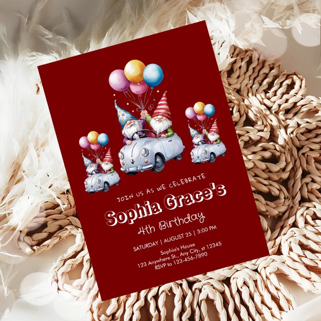Whimsical Birthday Gnomes in Vehicles Invitation (Creator Uploaded)