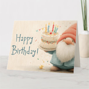 Whimsical Birthday Greeting: Gnome Holding a Cake Card