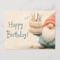 Whimsical Birthday Greeting: Gnome Holding a Cake