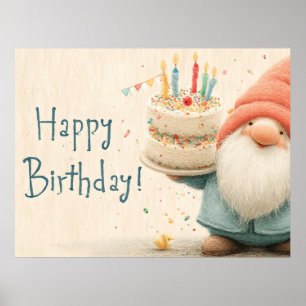 Whimsical Birthday Greeting: Gnome Holding a Cake Poster