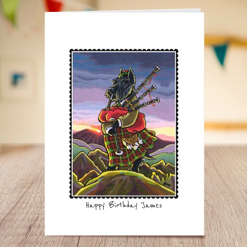 Whimsical Birthday Scottie Bagpipes Greeting Card