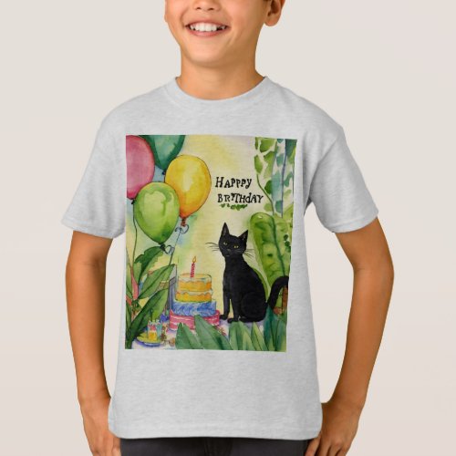 Whimsical Birthday Surprise Black Cat in the Jung T_Shirt