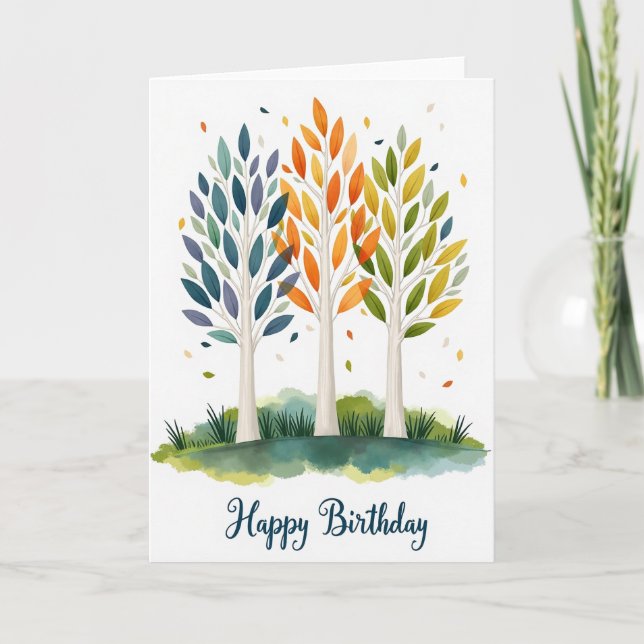 Whimsical Birthday Three Trees Card (Front)