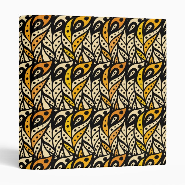 Whimsical black and gold peacock feather pattern 3 ring binder (Front/Spine)