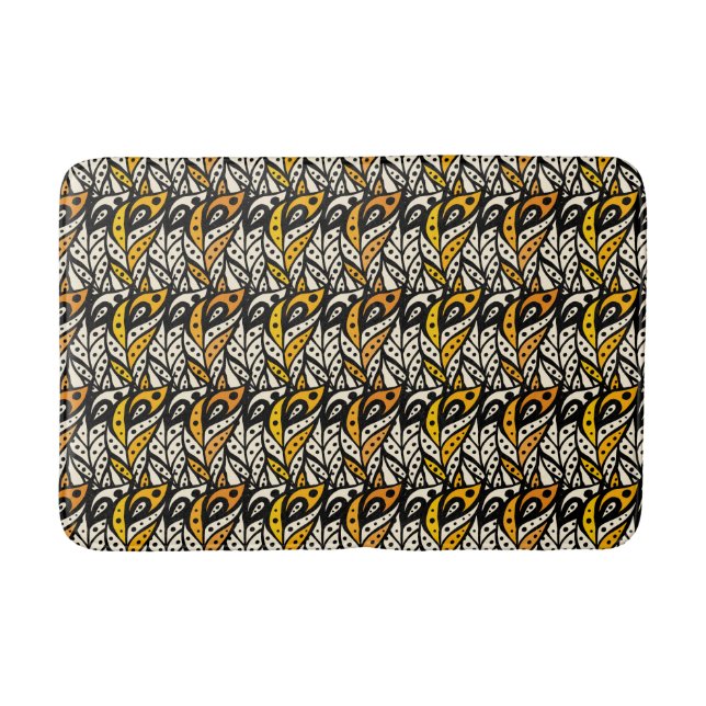 Whimsical black and gold peacock feather pattern bathroom mat (Front)