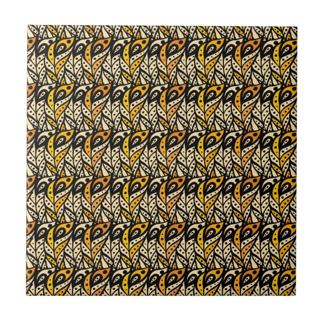 Whimsical black and gold peacock feather pattern ceramic tile (Front)