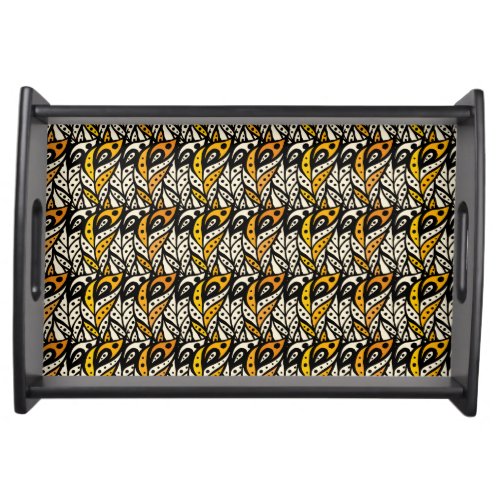 Whimsical black and gold peacock feather pattern serving tray