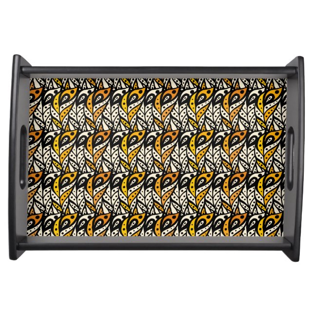 Whimsical black and gold peacock feather pattern serving tray (Front)