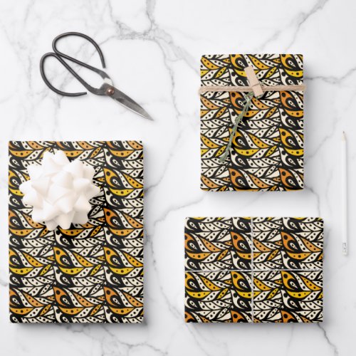 Whimsical black and gold peacock feather pattern wrapping paper sheets