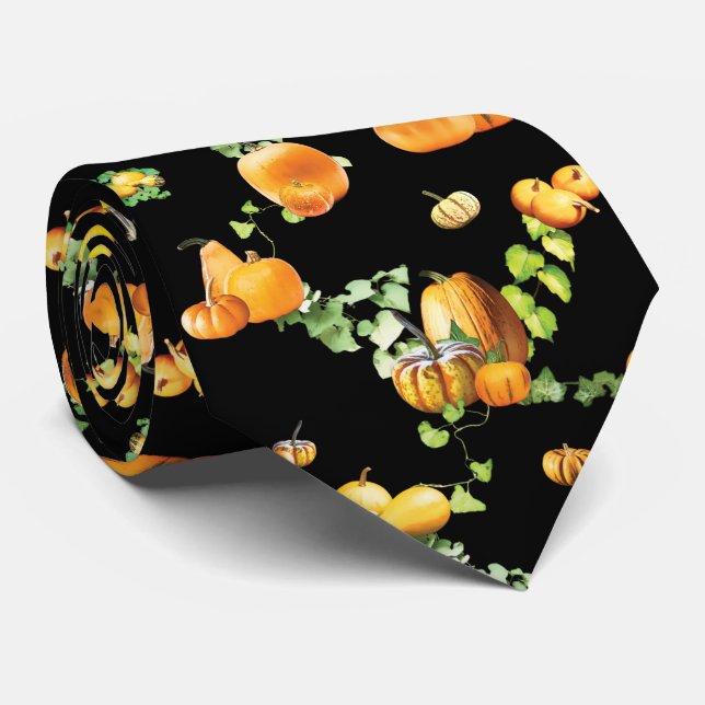 Whimsical Black and Orange Pumpkin Pattern Neck Tie (Rolled)