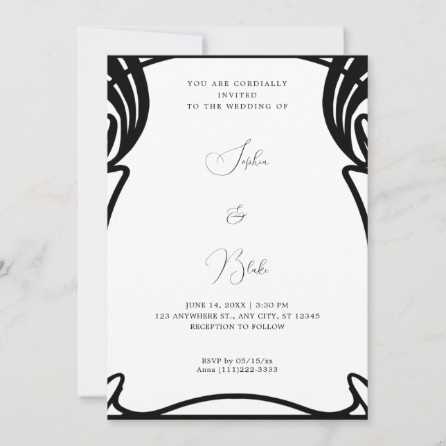 Whimsical Black and White Art Deco Wedding Invitation (Front)