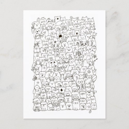 Whimsical Black and White Cats and Co Doodle Holiday Postcard