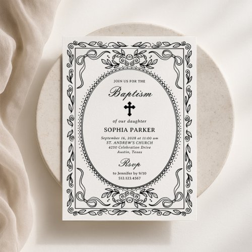 Whimsical Black and White Coquette Frame | Baptism Invitation