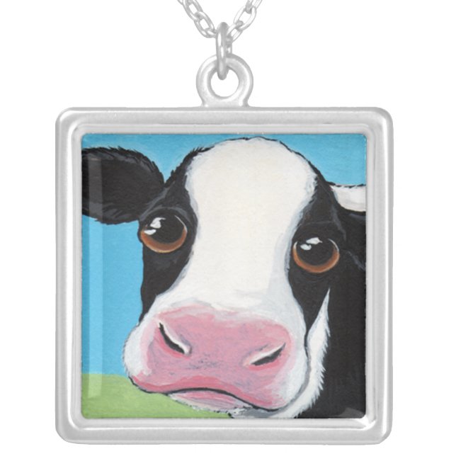 Whimsical Black and White Cow Illustration Silver Plated Necklace (Front)