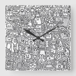 "Whimsical Black and White Doodle Clock