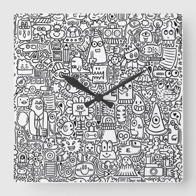  "Whimsical Black and White Doodle Clock (Front)
