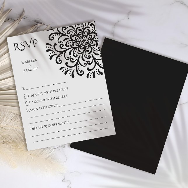 Whimsical Black and White Flourish RSVP Card (Creator Uploaded)