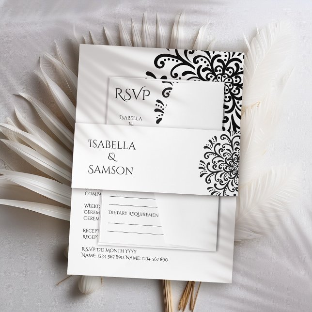 Whimsical Black and White Flourish Wedding Invitation Belly Band (Creator Uploaded)