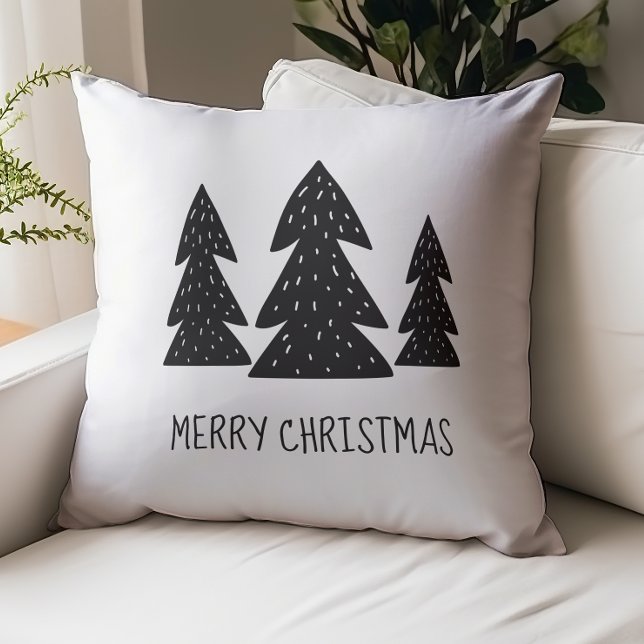 Whimsical Black and White Merry Christmas Woodland Throw Pillow (Creator Uploaded)