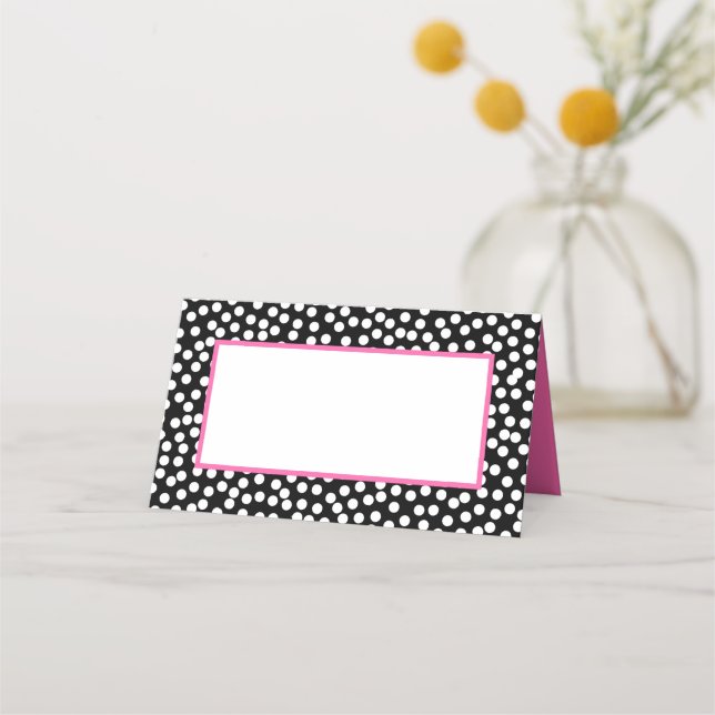Whimsical Black and White Polka Dots with Pink Place Card (Front)