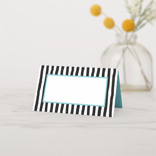 Whimsical Black and White Stripes with Aqua Place Card