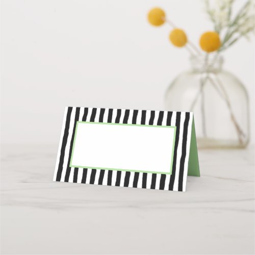 Whimsical Black and White Stripes with Green Place Card