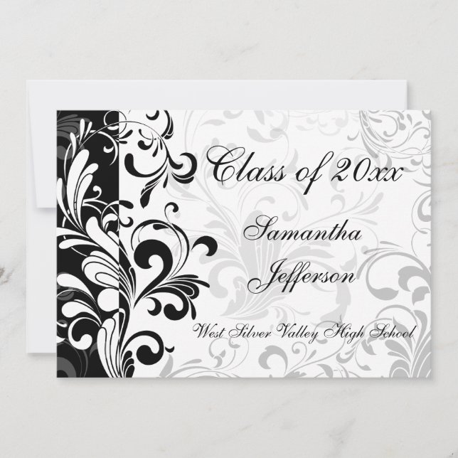 Whimsical Black and White Swirl Graduation Invitation (Front)