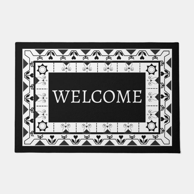 Whimsical Black and White Tile Design Welcome Doormat (Front)