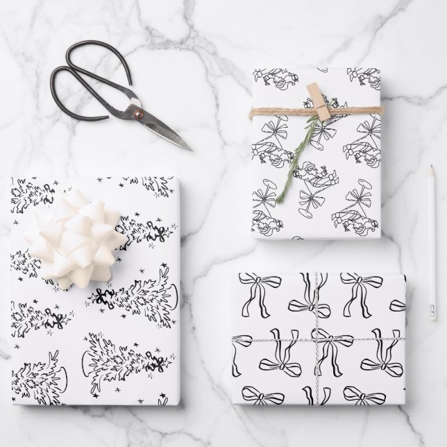 whimsical black and white trendy hand drawn wrapping paper sheets (Front)