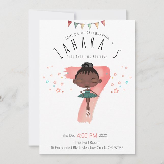 Whimsical Black Ballerina 7th Birthday Invitation (Front)