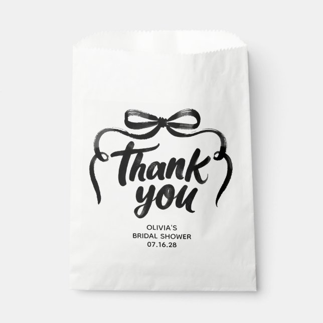 Whimsical Black Bow Handwritten Bridal Thank You Favor Bag (Front)