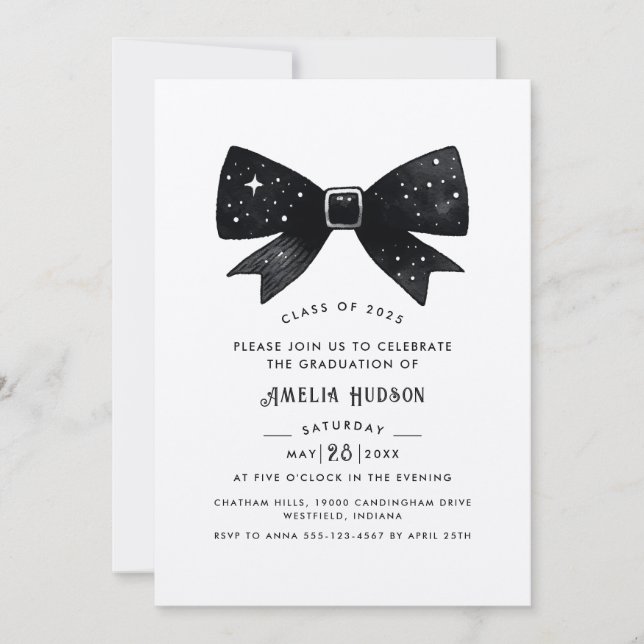 Whimsical Black Bow Kraft Paper Graduation Party Invitation (Front)