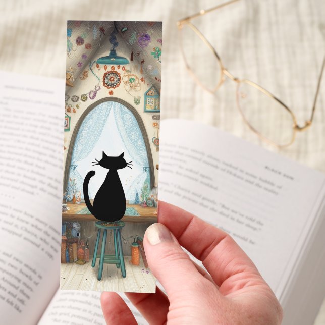 Whimsical Black Cat at Window Two-sided Bookmarks (Hand)