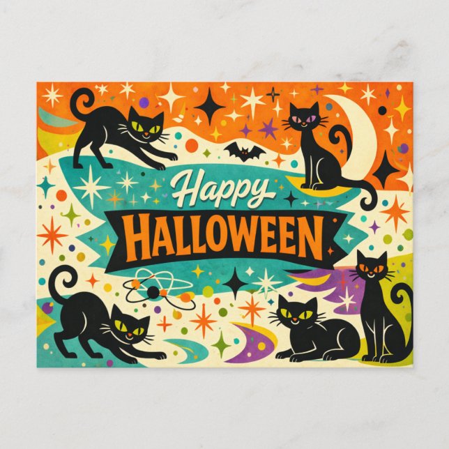 Whimsical Black Cat Atomic Age Halloween Holiday Postcard (Front)