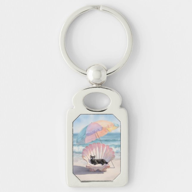 Whimsical Black Cat Beach Keychain (Front)