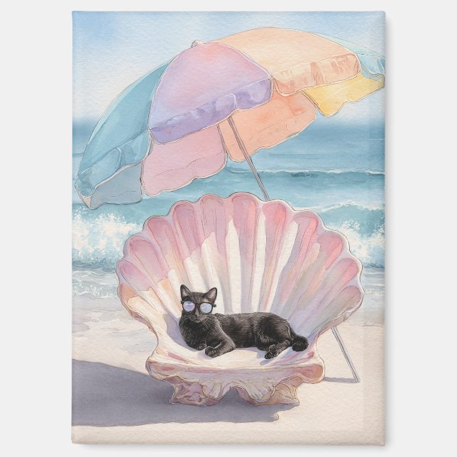 Whimsical Black Cat Beach Magnet (Front)
