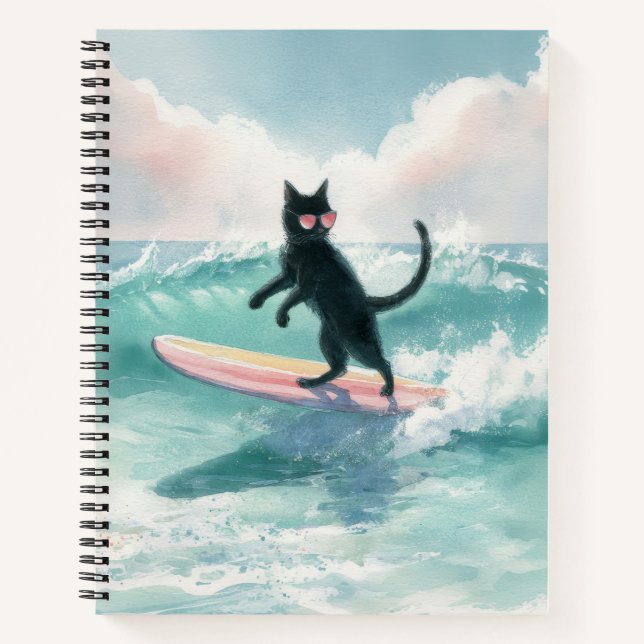 Whimsical Black Cat Beach Notebook (Front)