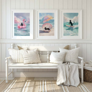 Whimsical Black Cat Beach Print Set: Beach Life Wall Art Sets