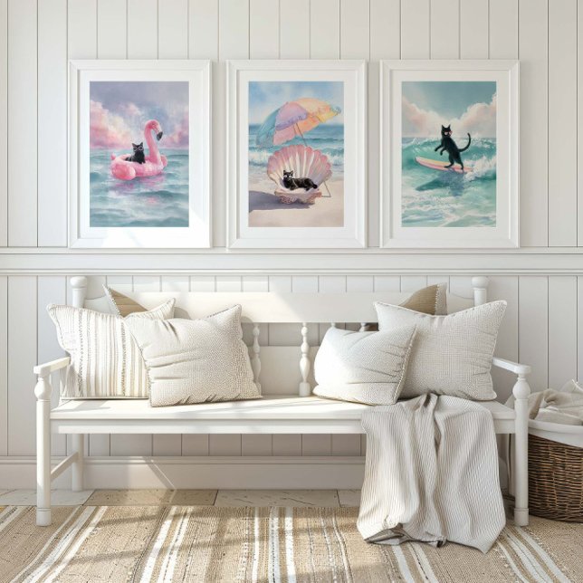 Whimsical Black Cat Beach Print Set: Beach Life Wall Art Sets (Creator Uploaded)